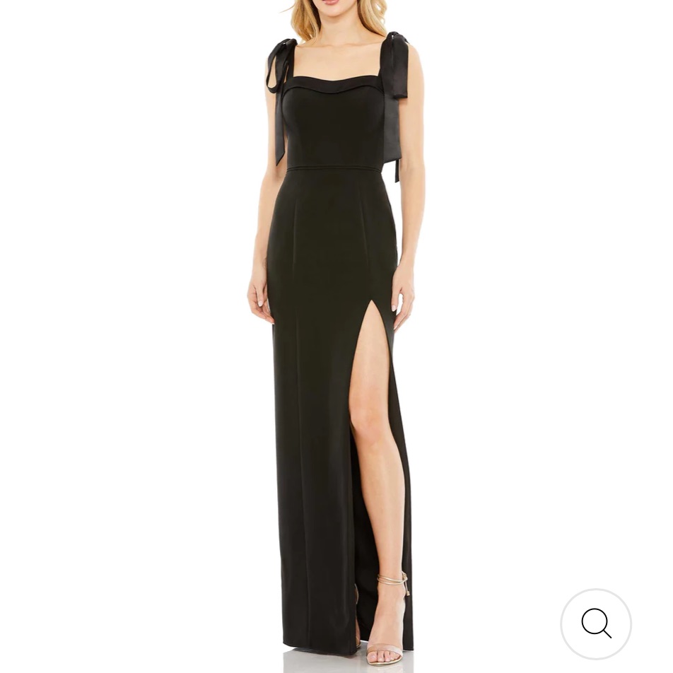Mac Duggal 6 Black Square Neck Tie Strap Slit Maxi Gown Nwt Satin Trim Bows
